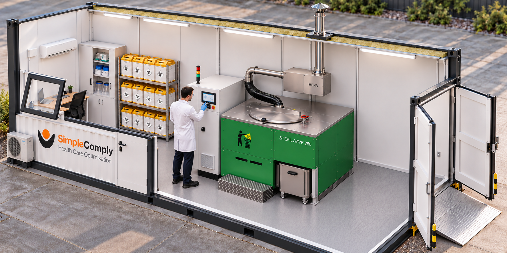 Interieurvisual van de SimpleComply cabine met Sterilwave 250 en een eigen werkplek voor SZA-behandeling