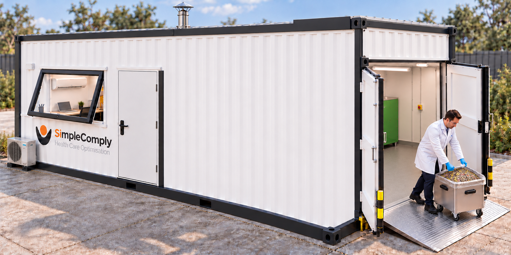 Conceptvisual van de SimpleComply-cabine voor de Sterilwave 250, met aparte personeelsingang en dubbele deuren