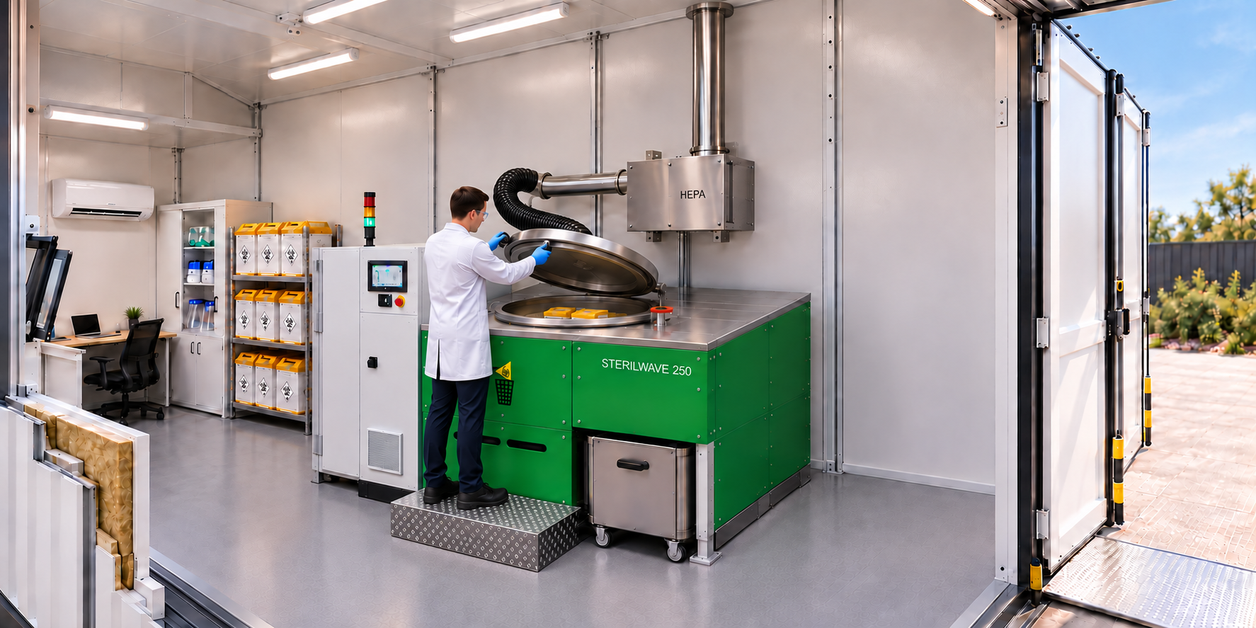Conceptvisual van een operator bij de Sterilwave 250 in de cabine